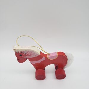 Vintage Christmas Ornament Wooden Hand-Painted Pull Toy Horse Fluffy Tail